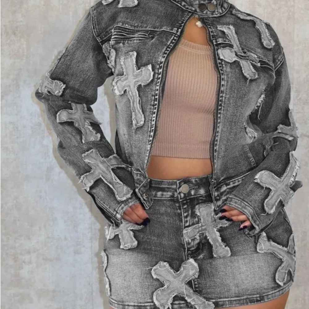 Distressed Gray Denim Jacket and Skirt Set